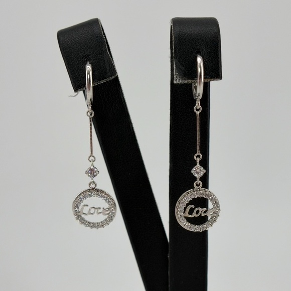 14K White Gold Love Dangle Earrings Circle Drop CZ Halo Design - Picture 2 of 5